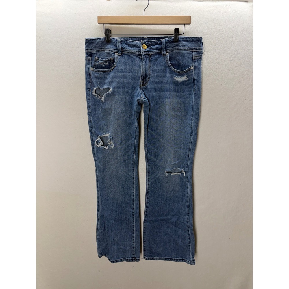 American Eagle Original Boot Jeans Womens 12 Blue Distressed Stretch 3607